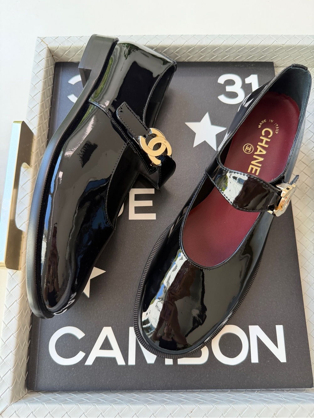 CHANEL 26B BLACK PATENT LEATHER MARYJANES GOLD CC LOGO ADJUSTABLE LOCK FLATS 38C - Picture 11 of 17